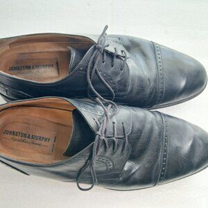 Johnston & Murphy Signature Series Black Leather Cap Toe Oxfords 10.5W Sheepskin